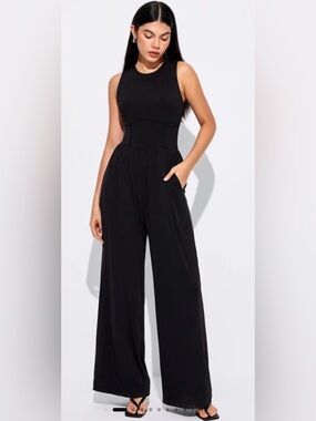 Cider NWT  TikTok Sleeveless Ribbed Black Wide-Leg Jumpsuit Size M